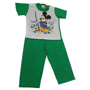 Vintage Mickey Mouse Pajamas Size 2T Toddler Short Sleeve Pant Set Green Fishing